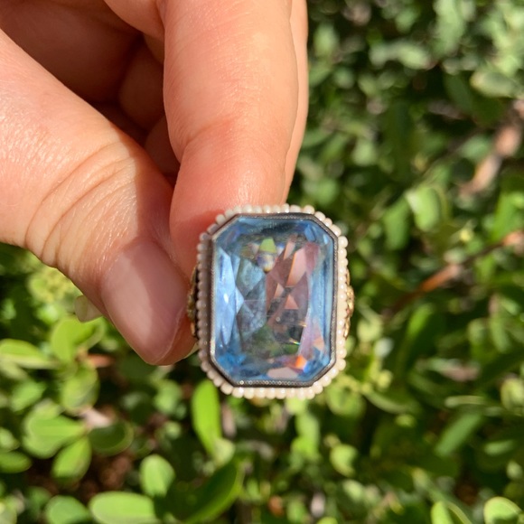 Antique 1920s Art Deco Sterling Silver Blue Glass Stone Ring w/seed pearls - Picture 3 of 8